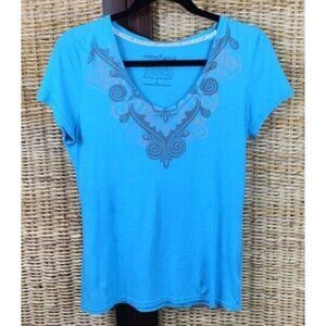 Green Apple Eco-Friendly V-Neck T-Shirt L Blue Gray Embellished Print Large